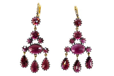 Lot 294 - A pair of Georgian style gold garnet and diamond set girandole earrings.