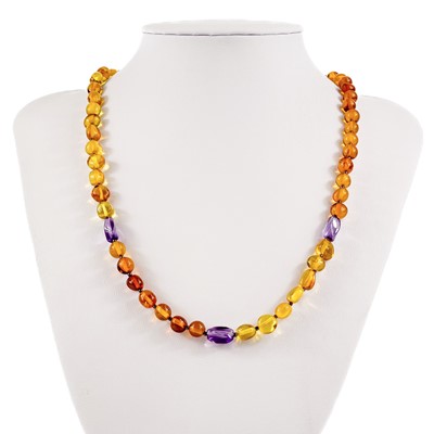 Lot 383 - An amber and amethyst bead necklace with 925 silver clasp.