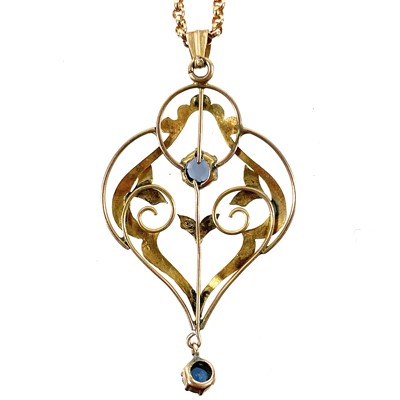 Lot 174 - A 9ct gold Art Nouveau blue stone set pendant necklace.