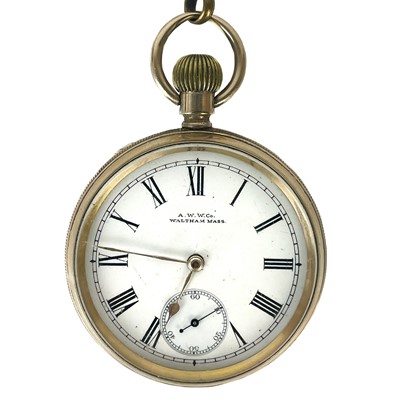 Lot 35 - A Waltham rolled gold crown wind open face pocket watch.