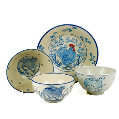 Lot 817 - Three pottery bowls and a dish by Hazel Dean.