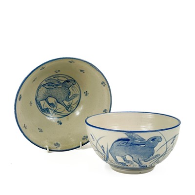 Lot 817 - Three pottery bowls and a dish by Hazel Dean.
