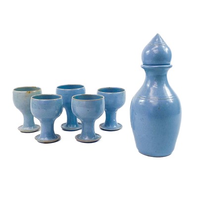 Lot 818 - A decanter and five goblets by St Nectans pottery.