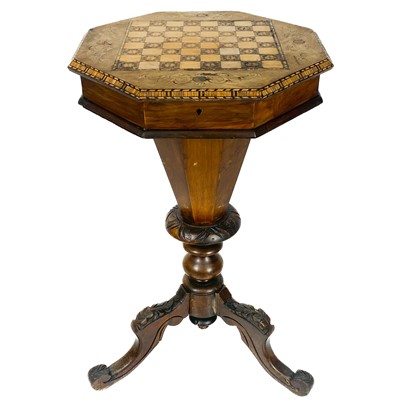 Lot 1873 - A 19th century walnut inlaid marquetry hexagonal games/work table on tripod supports.