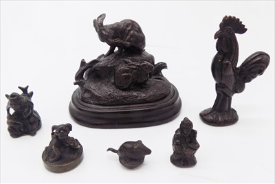 Lot 30 - A bronze rabbit group on wooden base, and five...