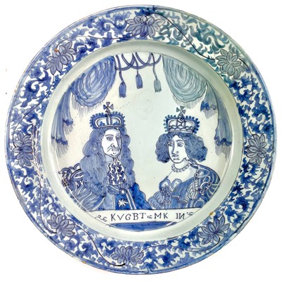 Lot 119 - A William & Mary blue and white Delft Coronation dish.