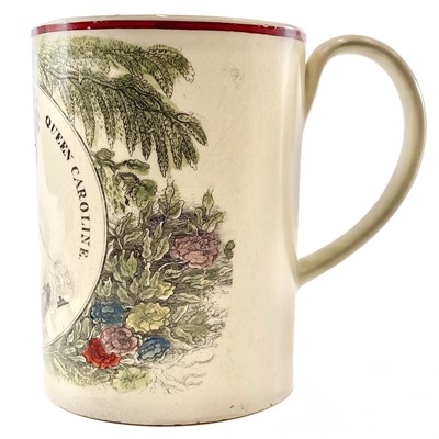 Lot 108 - A Queen Caroline creamware commemorative mug.