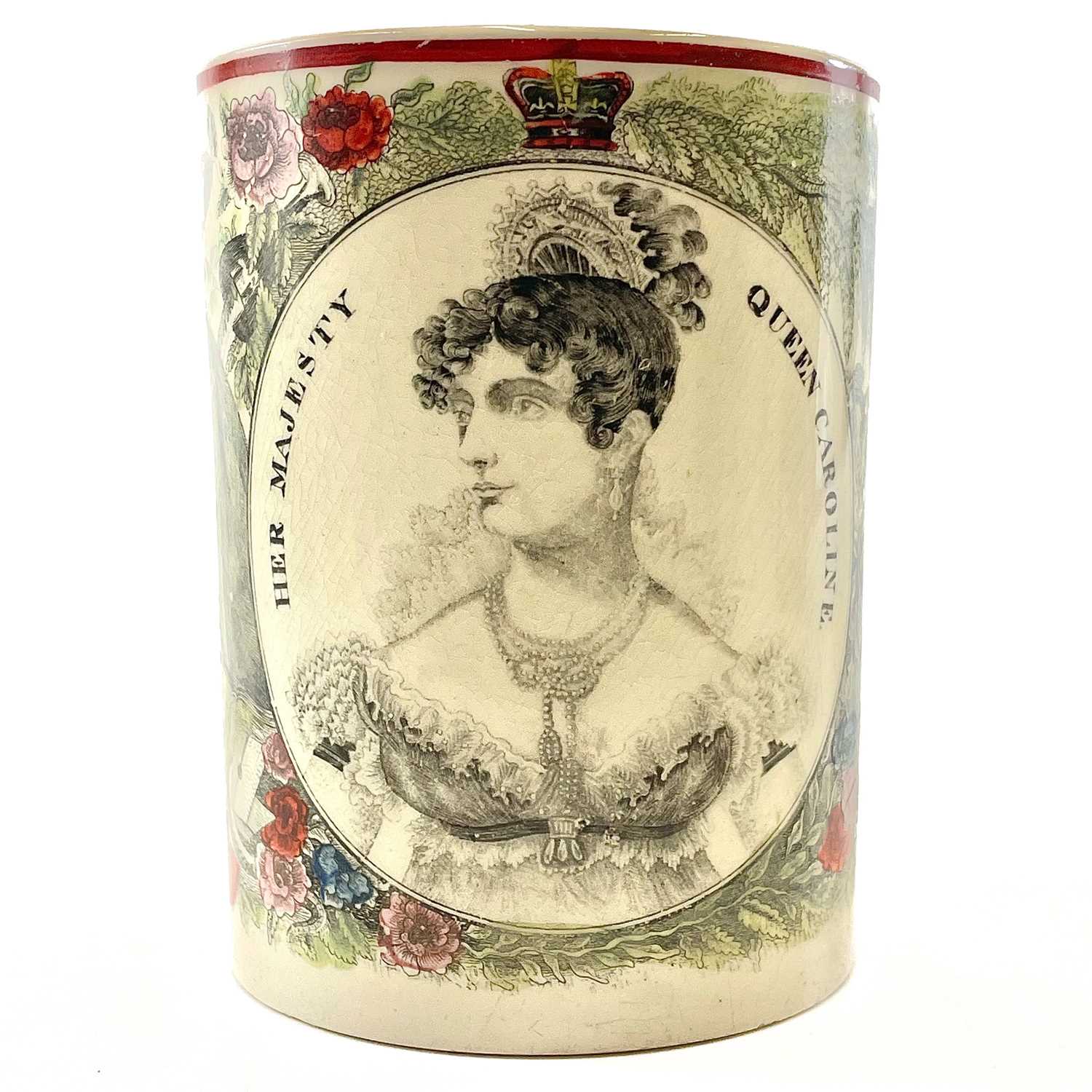 Lot 108 - A Queen Caroline creamware commemorative mug.