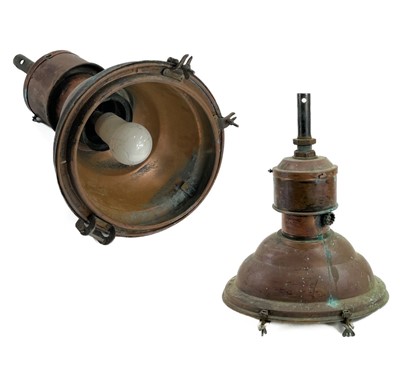 Lot 249 - A pair of copper industrial ceiling lamp pendants.