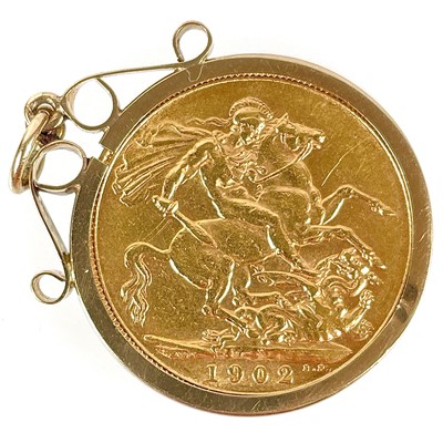 Lot 120 - An Edward VII 1902 full sovereign coin 9ct mounted pendant.