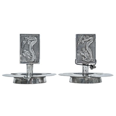 Lot 8 - A pair of Chinese silver smokers stands, circa 1900, stamped 'C.J. Co, Sterling'.