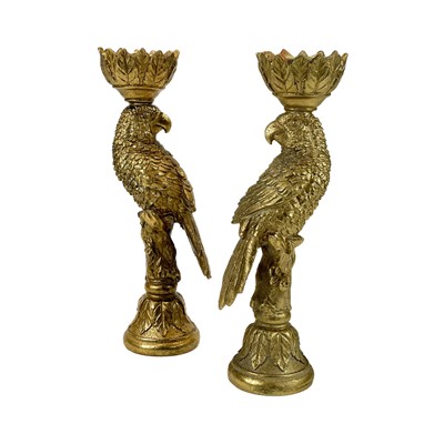 Lot 169 - A pair of resin candlesticks decorated with parrots.