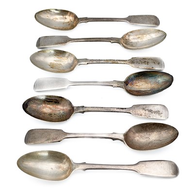 Lot 368 - A set of six silver fiddle pattern spoons  by Josiah Williams and Co.