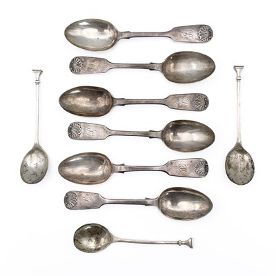 Lot 165 - Six Victorian silver fiddle shell pattern teaspoons by Josiah Williams and Co.