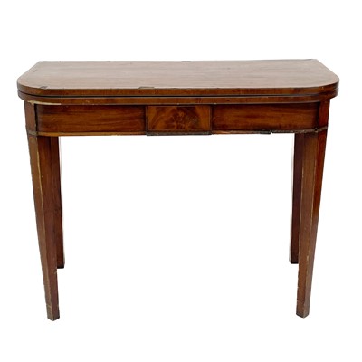 Lot 1939 - A late George III mahogany, crossbanded and inlaid fold-top tea table.