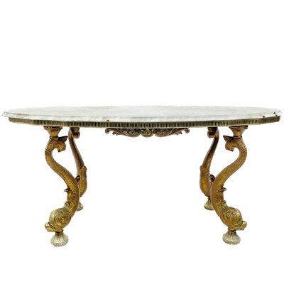 Lot 1930 - A Hollywood style brass and marble topped coffee table.