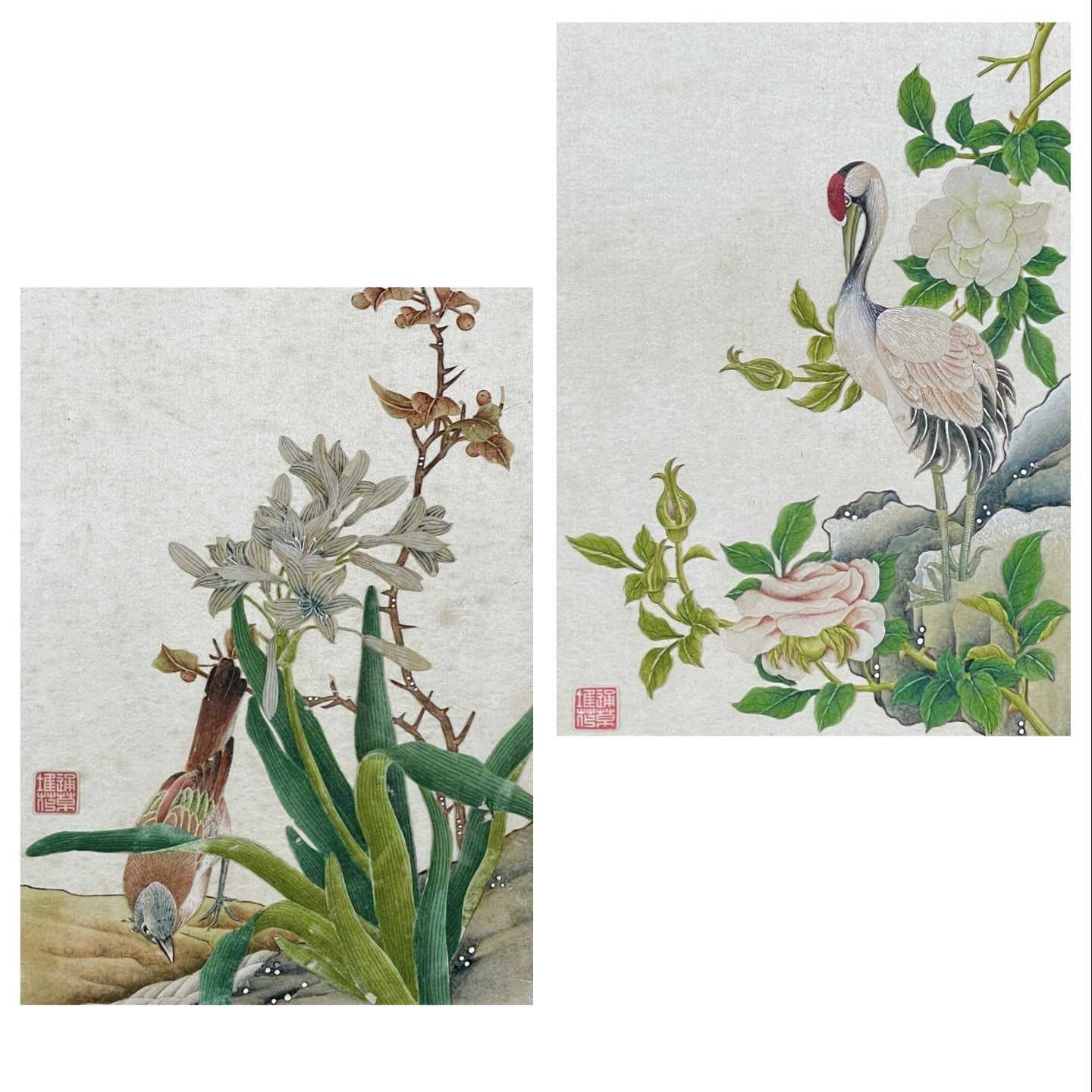 Lot 225 - A pair of Chinese collage paintings raised on silk, early 20th century.