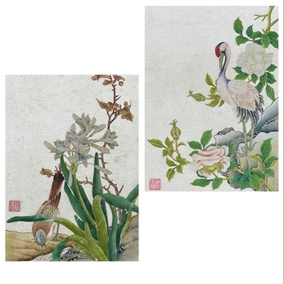 Lot 225 - A pair of Chinese collage paintings raised on silk, early 20th century.