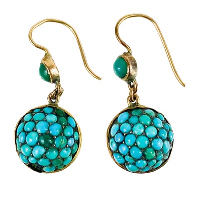 Lot 115 - A pair of Victorian rose gold pave set turquoise pendant earrings.