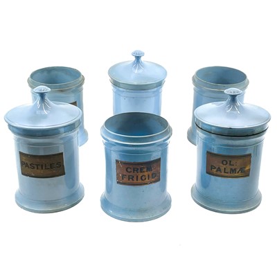 Lot 177 - A set of six 19th century apothecary pottery jars with three covers.