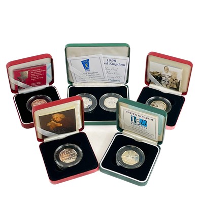 Lot 26 - Great Britain 50 pence Silver proof cased coins. 1998 to 2005. All with certificates of authenticity.