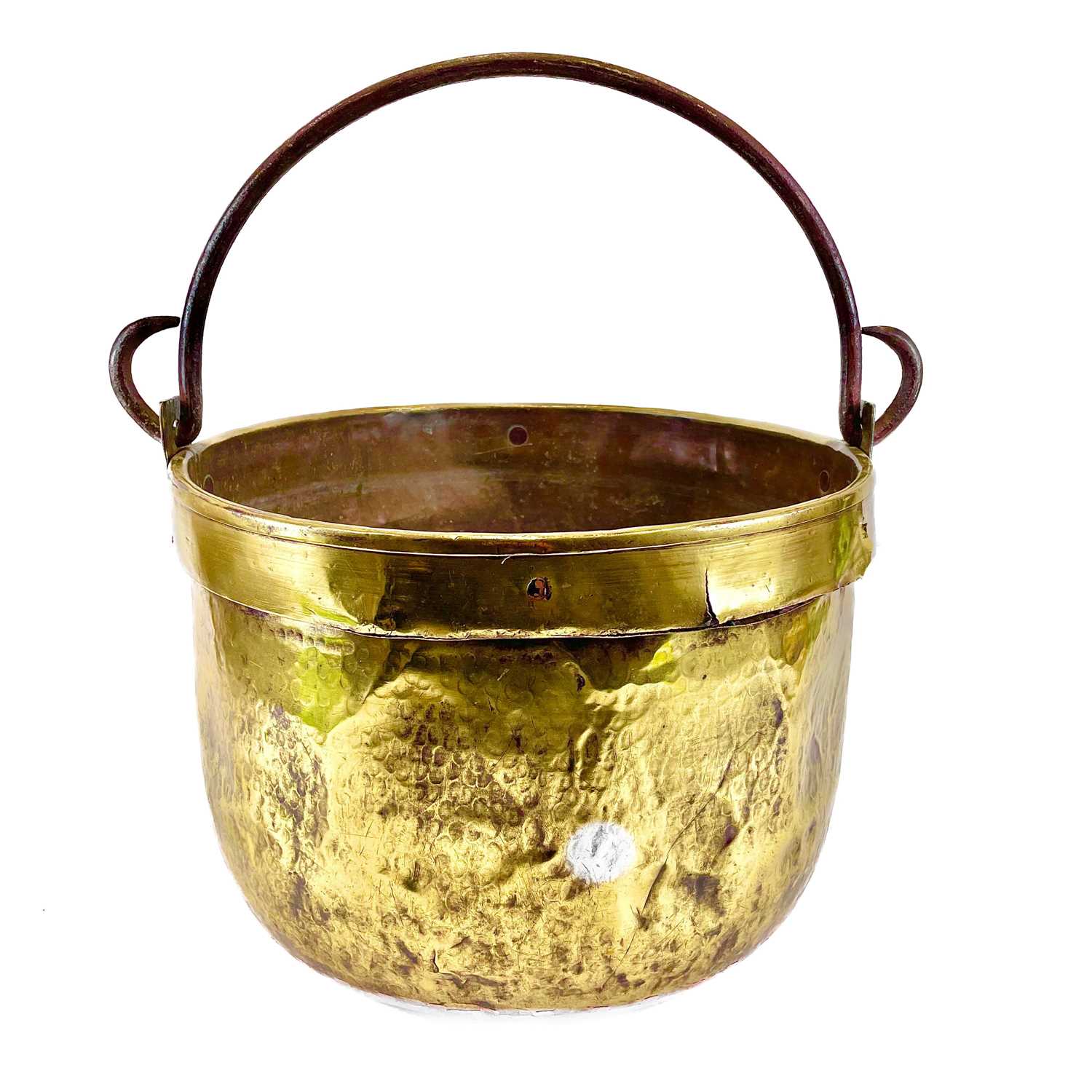 Lot 221 - A large 19th century brass cauldron with wrought iron handle.