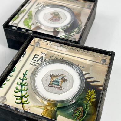 Lot 49 - UK 2020 50 pence colourised silver proof Dinosaurs "Tales of the Earth" in Royal Mint packages (x3)