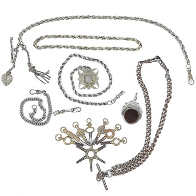 Lot 53 - A collection of base metal Albert watch chains, winding keys and a silver swivel fob.