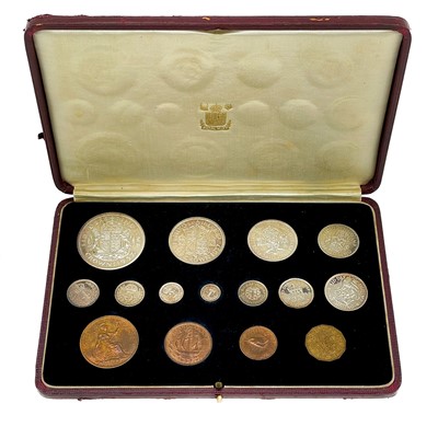 Lot 129 - UK 1937 Coronation Leather Cased Bright-Proof Silver Set from 1/4d to 5/- plus Maundy