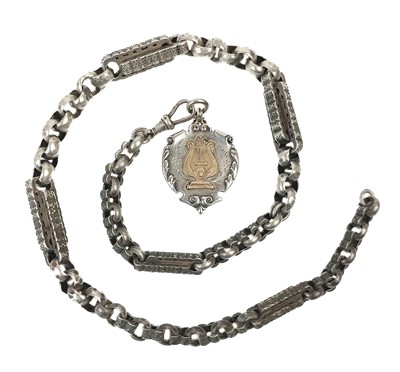 Lot 58 - A 19th century white metal fancy link Albert watch chain.