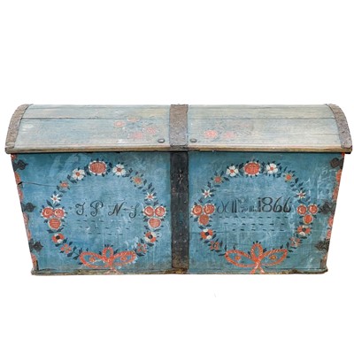 Lot 237 - A Swedish blue painted dome top oak marriage trunk.