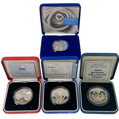 Lot 87 - UK Silver Proof 1990-1998 £5 Royal Mint cased coins (x4)