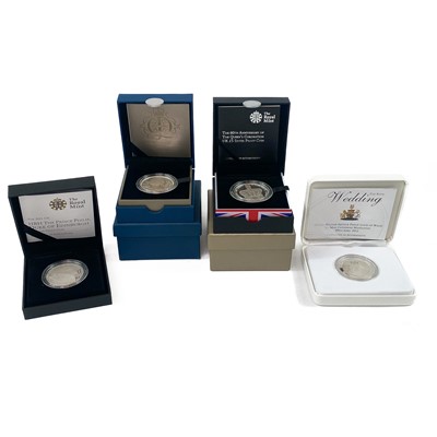 Lot 93 - UK Silver Proof 2011-2013 £5 Royal Mint cased coins (x4).