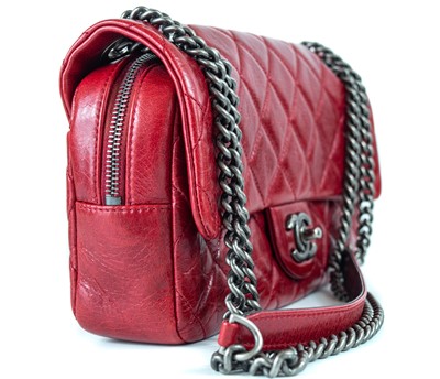 Lot 379 - A Chanel ox blood quilted lambskin leather single flap bag with turn-lock.