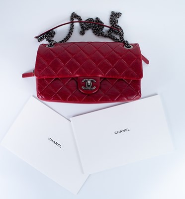 Lot 379 - A Chanel ox blood quilted lambskin leather single flap bag with turn-lock.