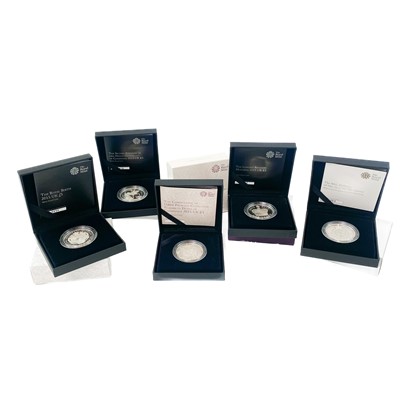 Lot 97 - UK Silver Proof  2015  £5 Royal Mint cased coins (x5).