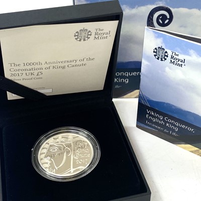 Lot 99 - UK Silver Proof 2017-2018 £5 Royal Mint cased coins (x4).
