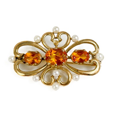 Lot 232 - A modern 9ct gold citrine and pearl set open-work brooch.