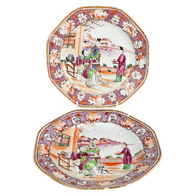 Lot 560 - Two Chinese export famille rose mandarin pattern porcelain plates, 18th century,.