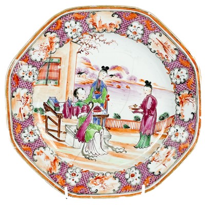 Lot 560 - Two Chinese export famille rose mandarin pattern porcelain plates, 18th century,.