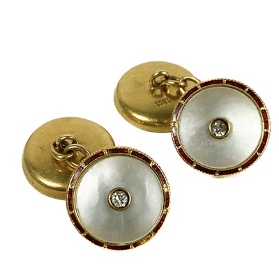 Lot 127 - A pair of 18ct diamond, red enamel and mother of pearl set cuff links.