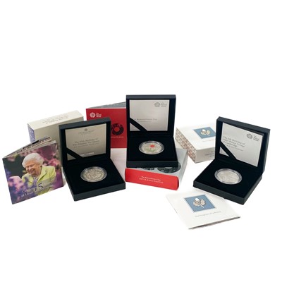 Lot 101 - UK Silver Proof 2018-2021 £5 Royal Mint cased coins (x3)