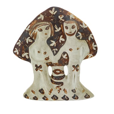 Lot 834 - A Susan and Richard Parkinson pottery Adam and Eve plaque.