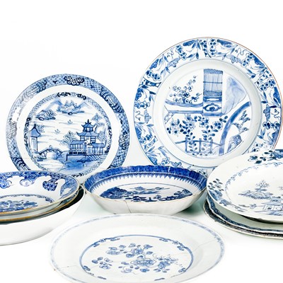 Lot 244 - Ten Chinese blue and white porcelain plates and dishes, 18th century.