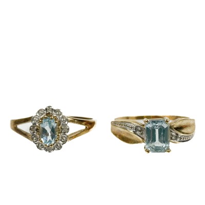 Lot 224 - Two 9ct gold aquamarine and tiny diamond set rings.