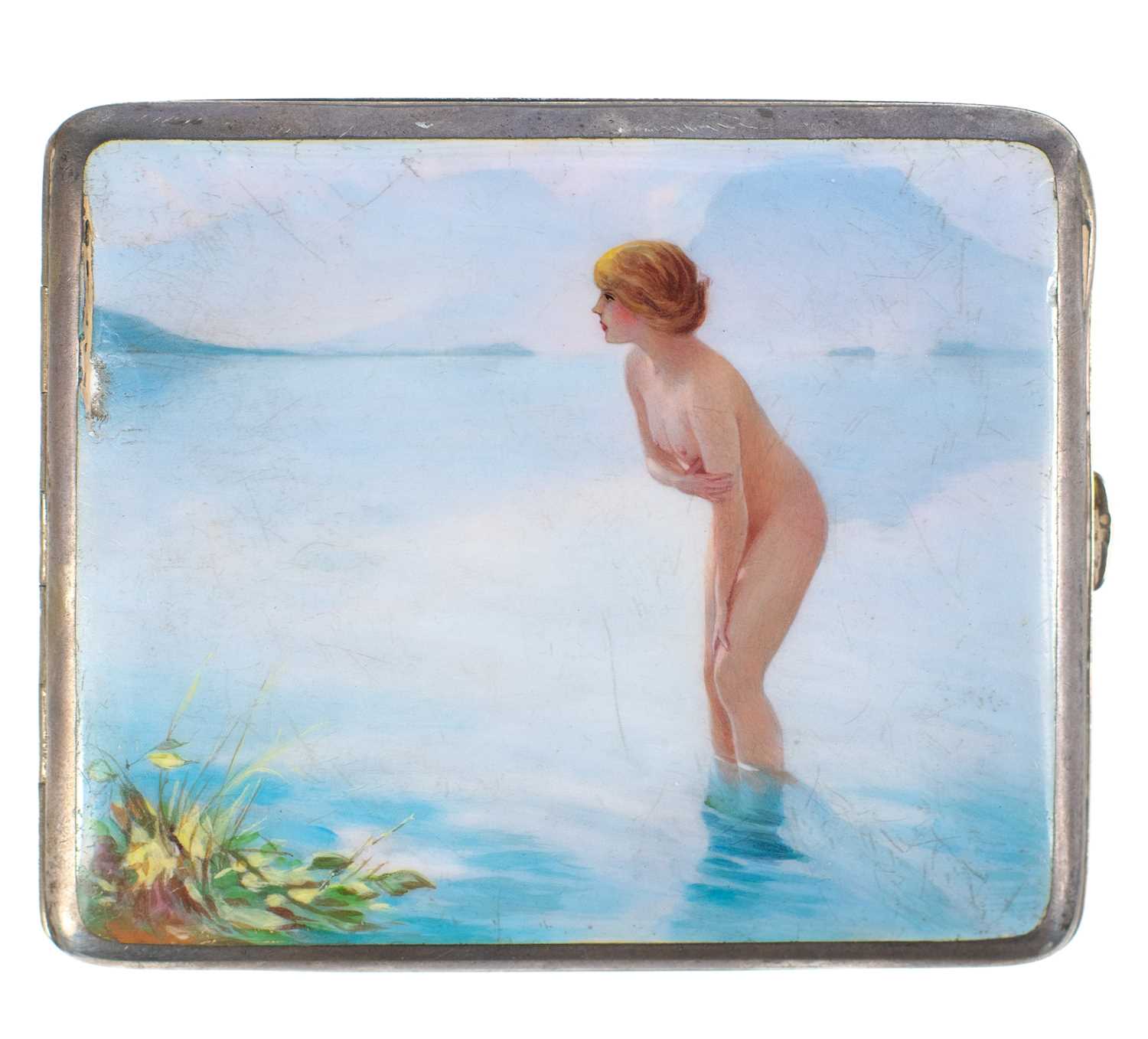 Lot 363 - A German early 20th century 900 silver and enamel erotic novelty cigarette case.