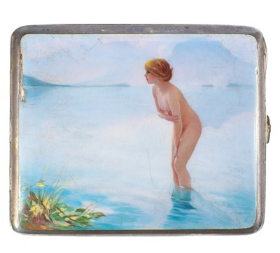 Lot 363 - A German early 20th century 900 silver and enamel erotic novelty cigarette case.