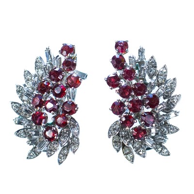 Lot 271 - An attractive pair of white gold diamond and ruby clip earrings.