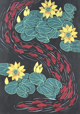 Lot 305 - A large framed painting of a shoal of fish amongst lillies, mid-late 20th century.