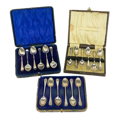 Lot 96 - Three silver six piece teaspoon cased sets.